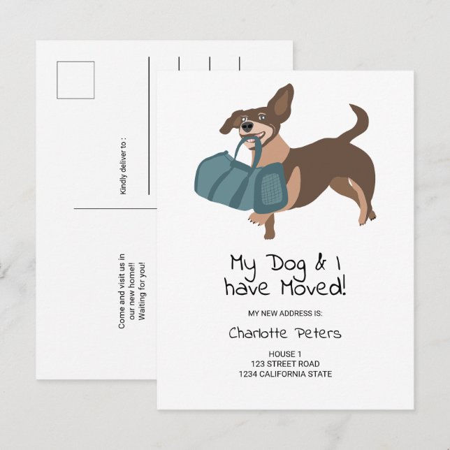 Funny cute dachshund dog illustration moving announcement postcard (Front/Back)