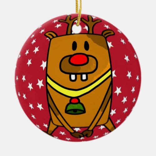 Funny Cute Deer Red Nose Stars Christmas Ceramic Ornament