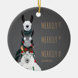 Funny Cute Donkey, Llama & Sheep Grey Ceramic Ornament