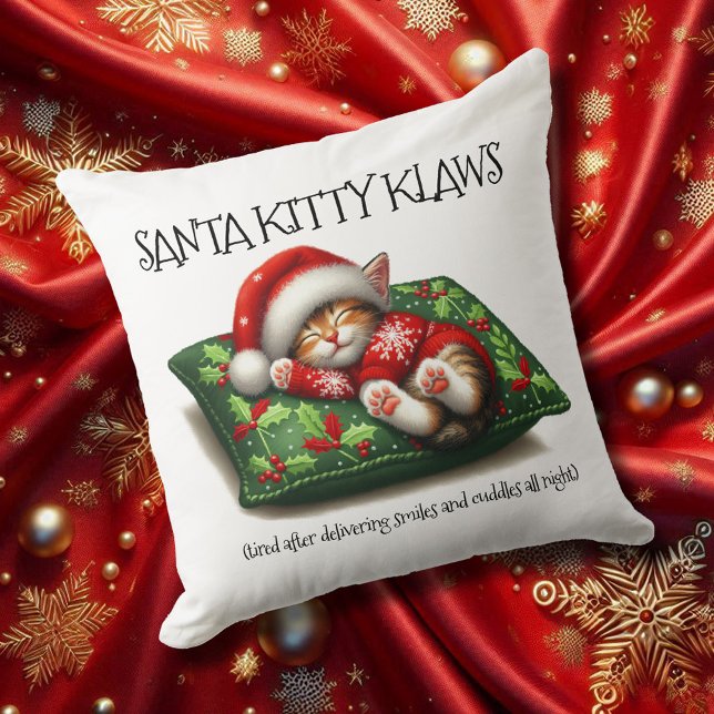Funny Cute Dreaming Santa Kitty Klaws Throw Pillow (Santa Kitty Klaws 20x20 Square Christmas Throw Pillow Cover Photo)
