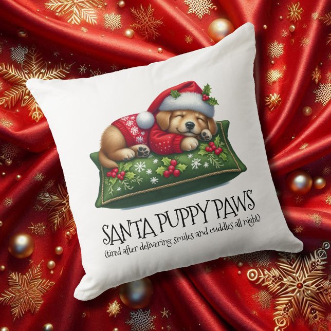 Funny Cute Dreaming Santa Puppy Paws Throw Pillow (Santa Puppy Paws 20x20 Square Christmas Throw Pillow Cover Photo)