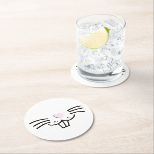 Funny cute Easter bunny rabbit face illustration Round Paper Coaster