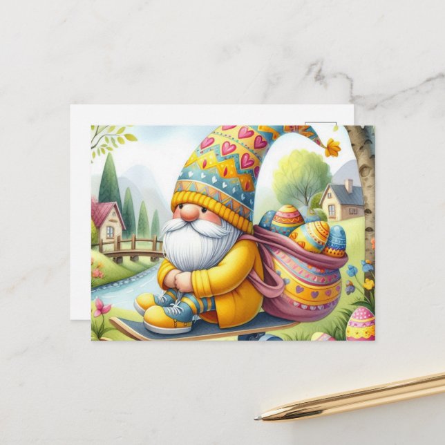 Funny Cute Easter Gnome with Easter Eggs Postcard (Front/Back In Situ)