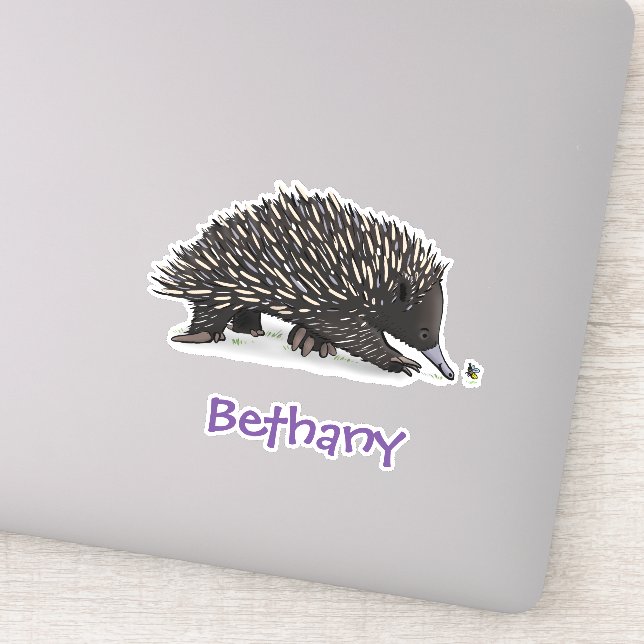 Funny cute echidna with bee childrens illustration sticker (Detail)