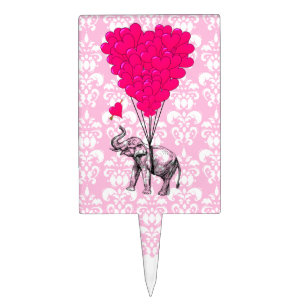 Funny cute elephant & pink damask cake topper