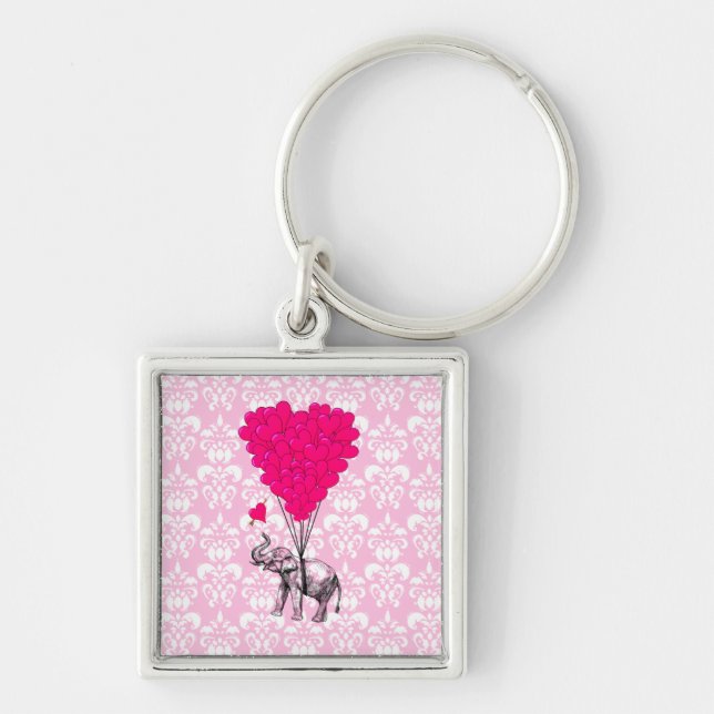 Funny cute elephant & pink damask keychain (Front)