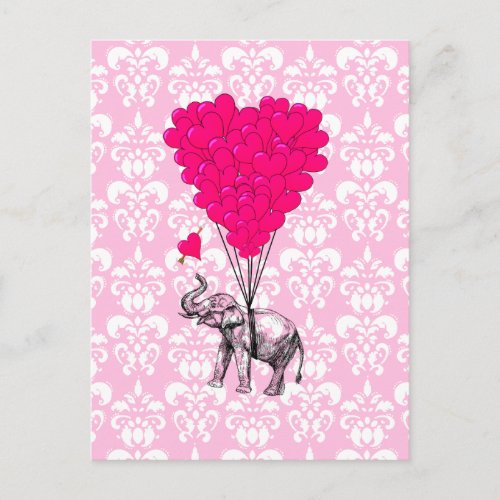 Funny cute elephant  pink damask postcard