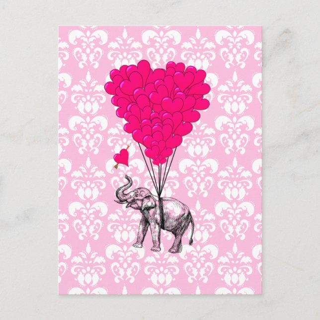 Funny cute elephant & pink damask postcard (Front)