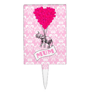 Funny cute elephant tied to heart shaped balloons cake topper