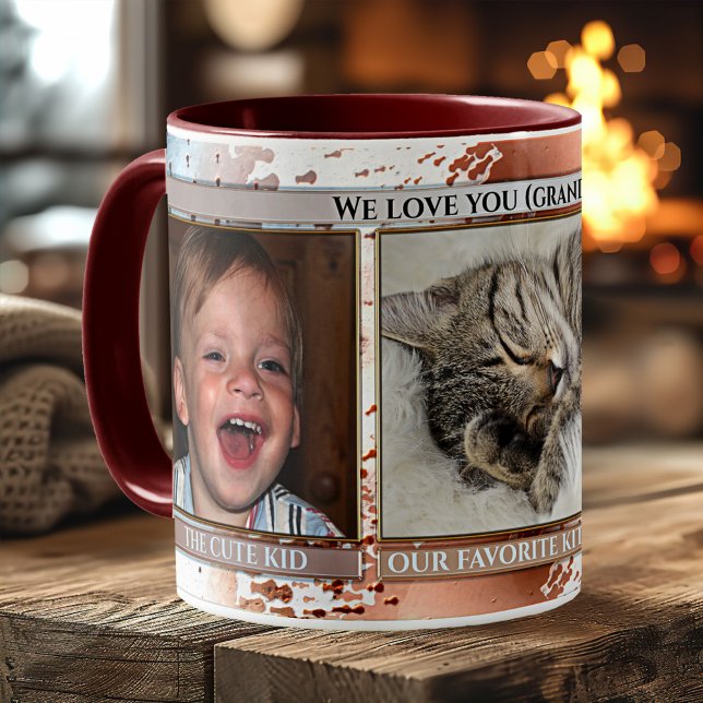 Funny Cute Favorite Family Members Photo Mug (Funny photo mug featuring 3 photos of your favorite family members framed by an artistic design)