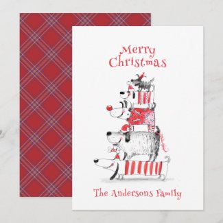 Funny Cute Festive Dogs Red Plaid Merry Christmas 