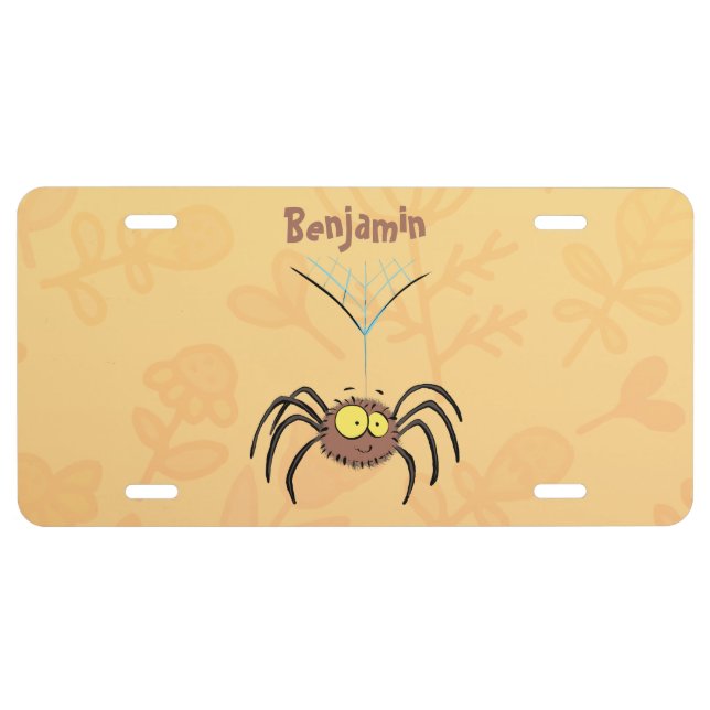 Funny cute fluffy spider cartoon license plate (Front)