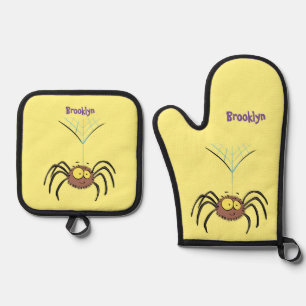 Funny cute fluffy spider cartoon oven mitt & pot holder set