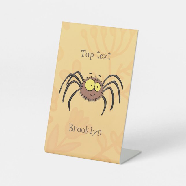 Funny cute fluffy spider cartoon pedestal sign (Front)
