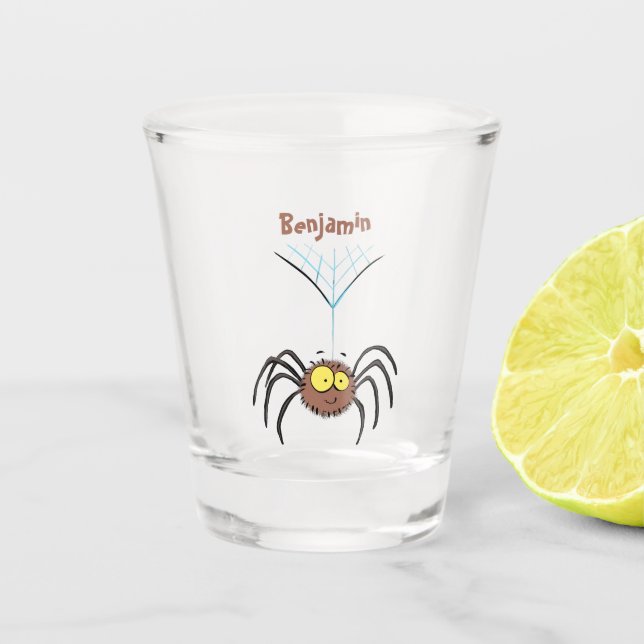 Funny cute fluffy spider cartoon shot glass (Front)