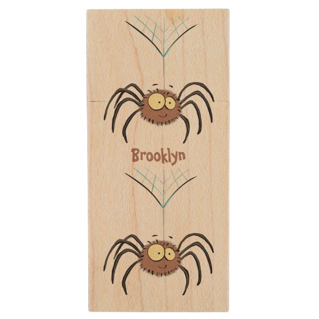 Funny cute fluffy spider cartoon wood flash drive (Front Vertical)