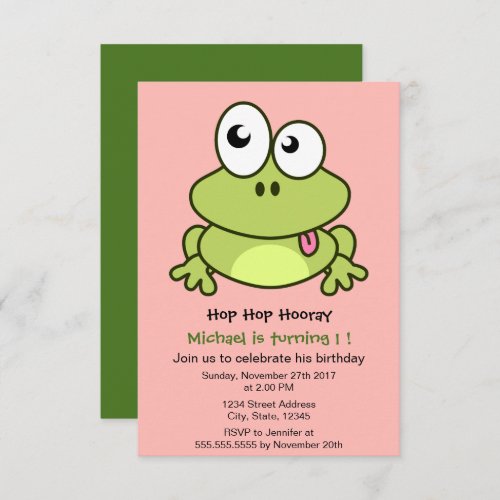 Funny cute frog cartoon kids birthday party invitation