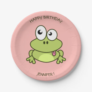 Funny cute frog cartoon pink kids name birthday paper plates