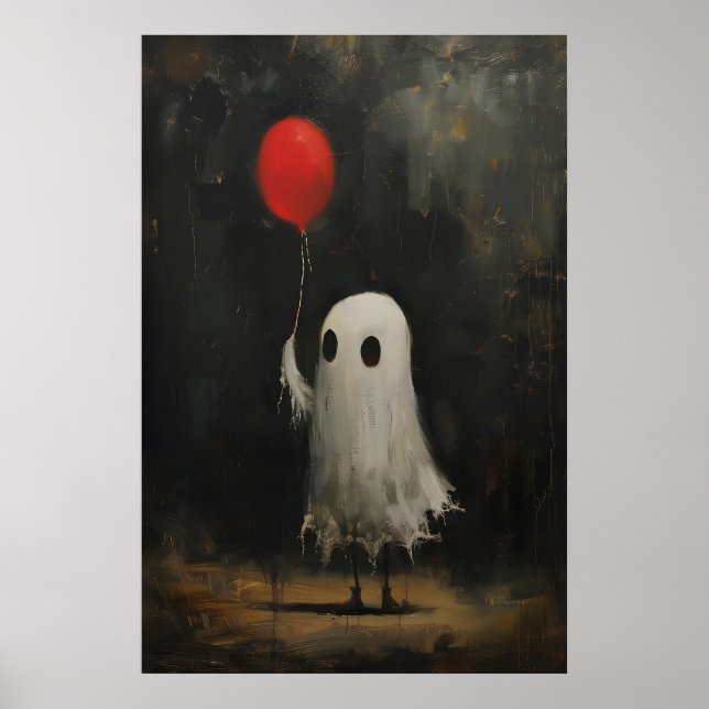 Funny Cute Ghost Holding Red Balloon, Vintage Poster (Front)