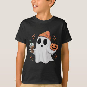 Funny Cute Ghost with Pumpkin & Iced Coffee Hallow T-Shirt