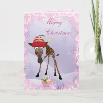 Funny Cute Giraffe & Pink Cupcake Christmas Card by Just_Giraffes at Zazzle