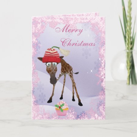 Funny Cute Giraffe & Pink Cupcake Christmas Card
