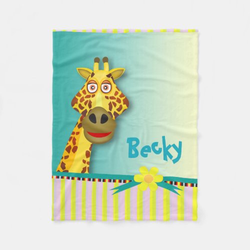 Funny Cute Giraffe  yellow teal Fleece Blanket