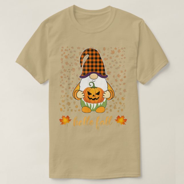 Funny Cute Gnome Holding Pumpkin Autumn hello Fall T-Shirt (Design Front)