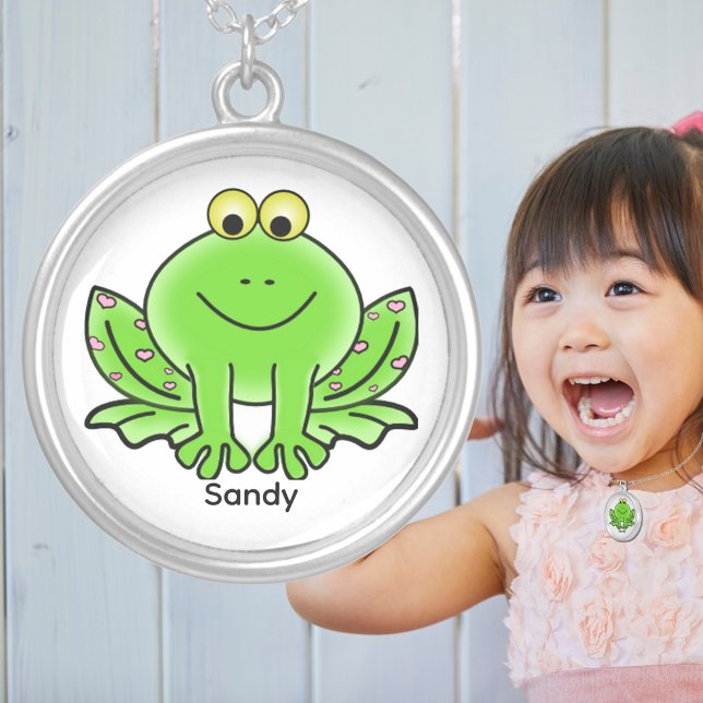Funny Cute Green Frog Cartoon Silver Plated Necklace (Funny Cute Green Frog Cartoon Silver Plated Necklace)
