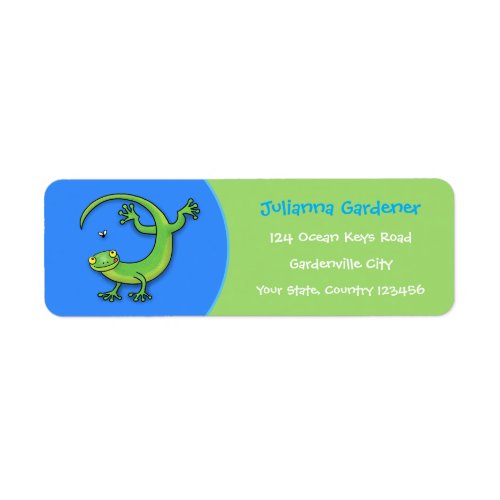 Funny cute green gecko lizard cartoon label