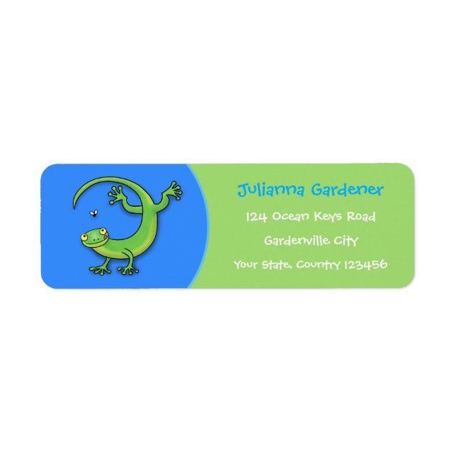 Funny, cute green gecko lizard cartoon label (Front)