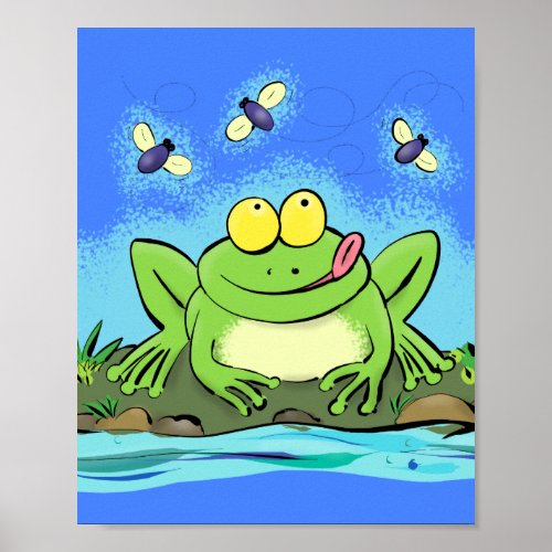 Funny cute green hungry frog with flies cartoon poster