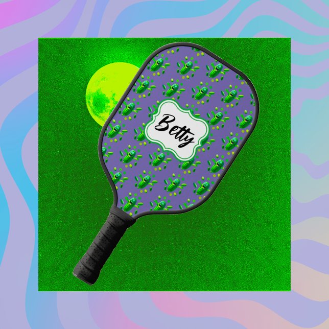 Funny Cute Green Pickleman on Purple Background Pickleball Paddle (Creator Uploaded)