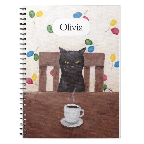 Funny Cute Grumpy Black Cat Coffee Custom name Notebook