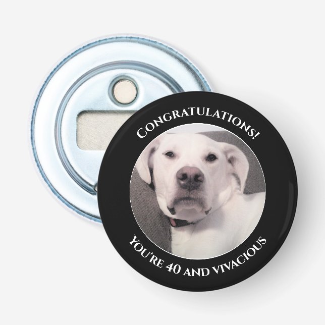 Funny Cute Grumpy White Dog 40th Birthday Black Bottle Opener (Front)