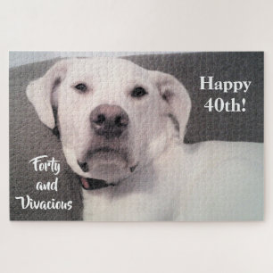 Funny Cute Grumpy White Dog 40th Birthday Black Jigsaw Puzzle