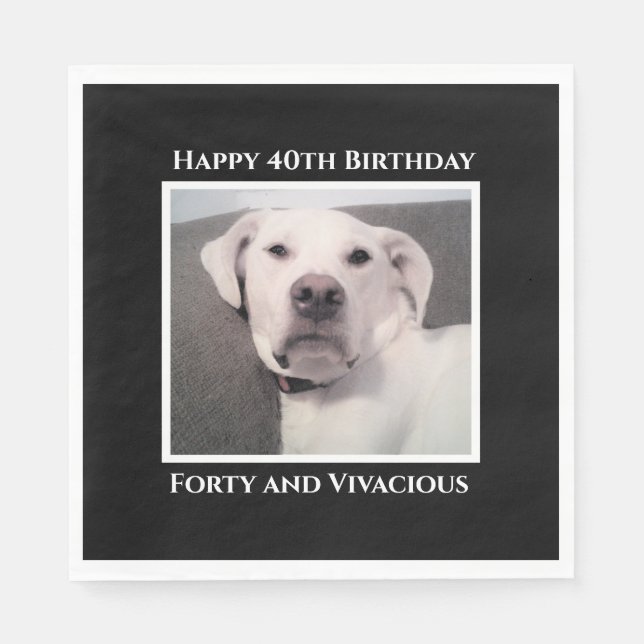 Funny Cute Grumpy White Dog 40th Birthday Black Napkins (Front)