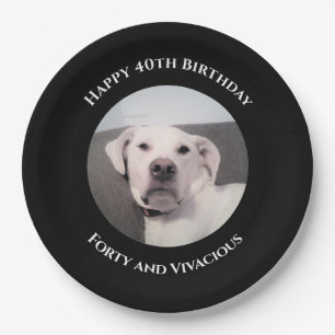 Funny Cute Grumpy White Dog 40th Birthday Black Paper Plates