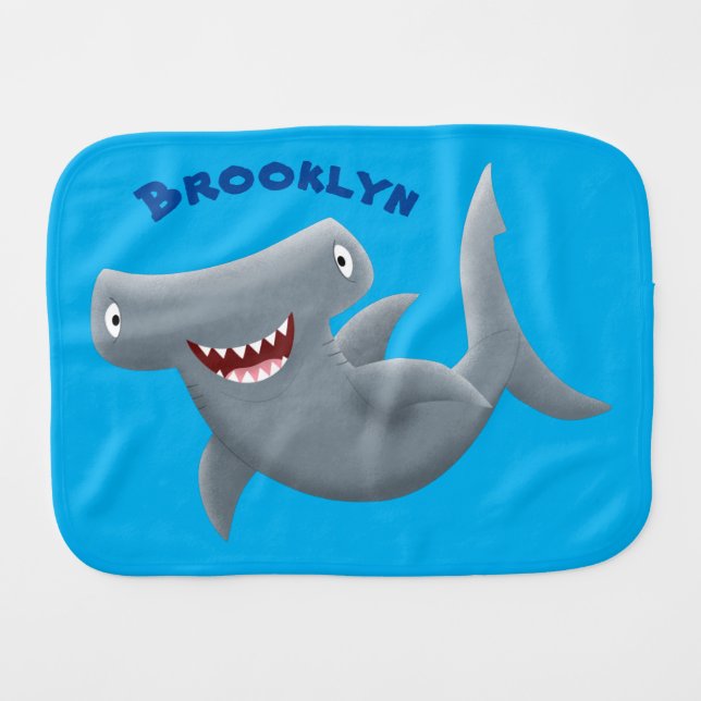 Funny cute Hammerhead shark cartoon Baby Burp Cloth (Front Horizontal)