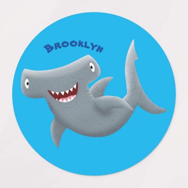 Funny cute Hammerhead shark cartoon Labels (Design 1)