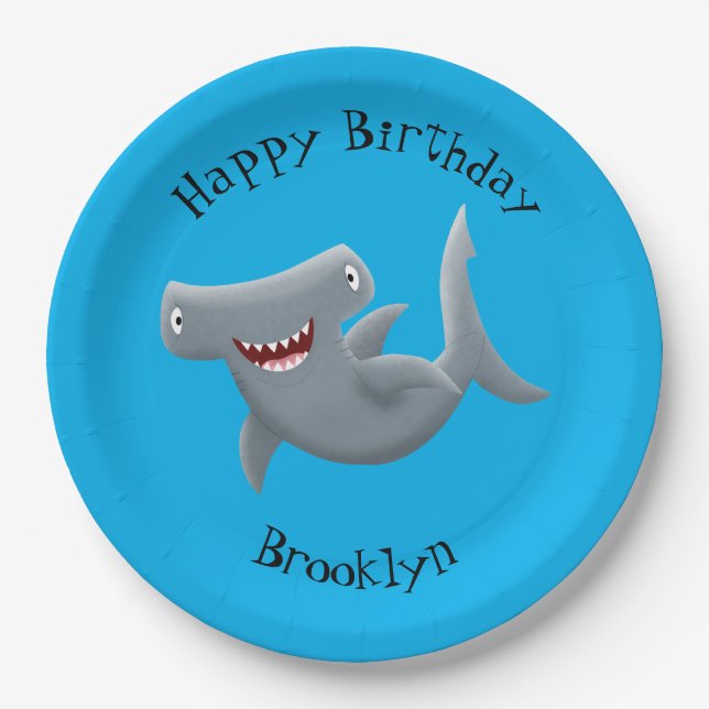 Funny cute Hammerhead shark cartoon Paper Plates (Front)
