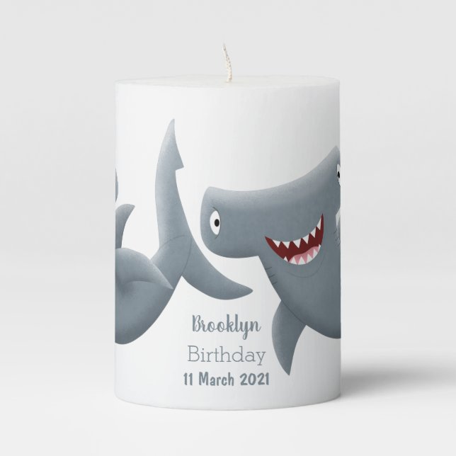 Funny cute Hammerhead shark cartoon Pillar Candle (Front)