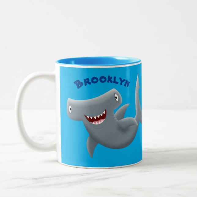 Funny cute Hammerhead shark cartoon Two-Tone Coffee Mug (Left)