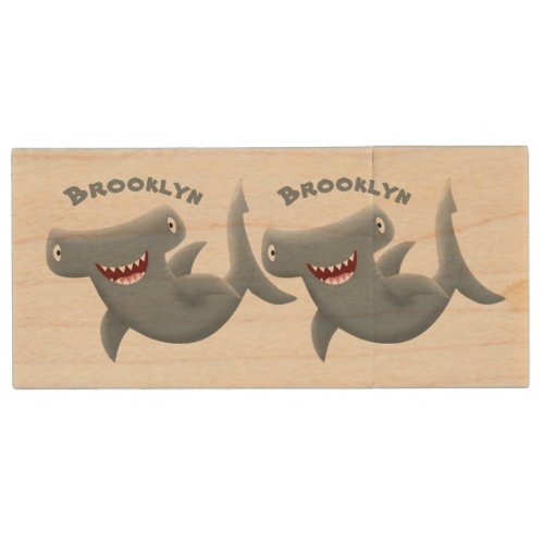 Funny cute Hammerhead shark cartoon  Wood Flash Drive