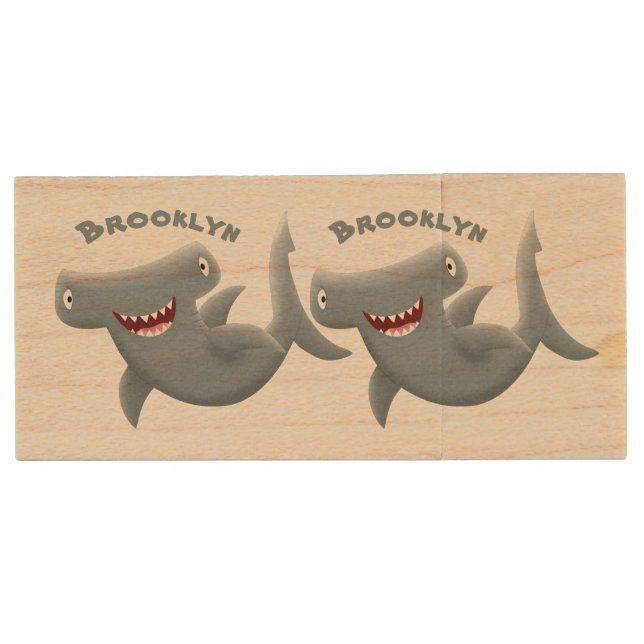 Funny cute Hammerhead shark cartoon  Wood Flash Drive (Front)