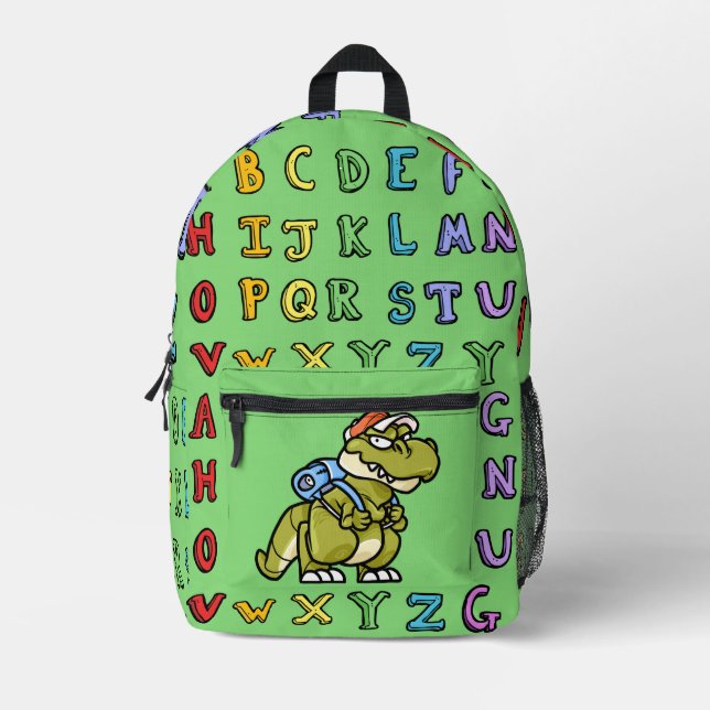 Funny cute hand drawn dinosaur and alphabets green printed backpack (Front)