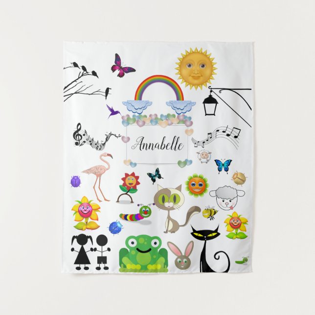 Funny Cute Happy Cartoon Characters Personalize Tapestry (Front)