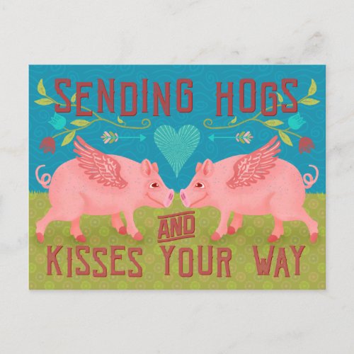 Funny Cute Hogs and Kisses Pig Pun Sending Love Holiday Postcard