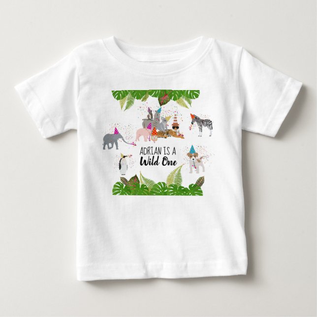 Funny & Cute Jungle Animals at Party Wild One Baby T-Shirt (Front)