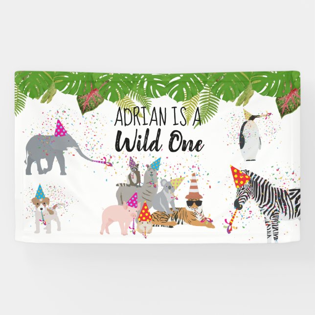 Funny & Cute Jungle Animals at Party Wild One Banner (Horizontal)